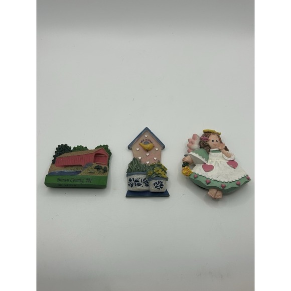 The Unbranded Brand Other - Vintage Lot Of 3 Birdhouse, Angel, Covered Bridge Magnets Hand Painted